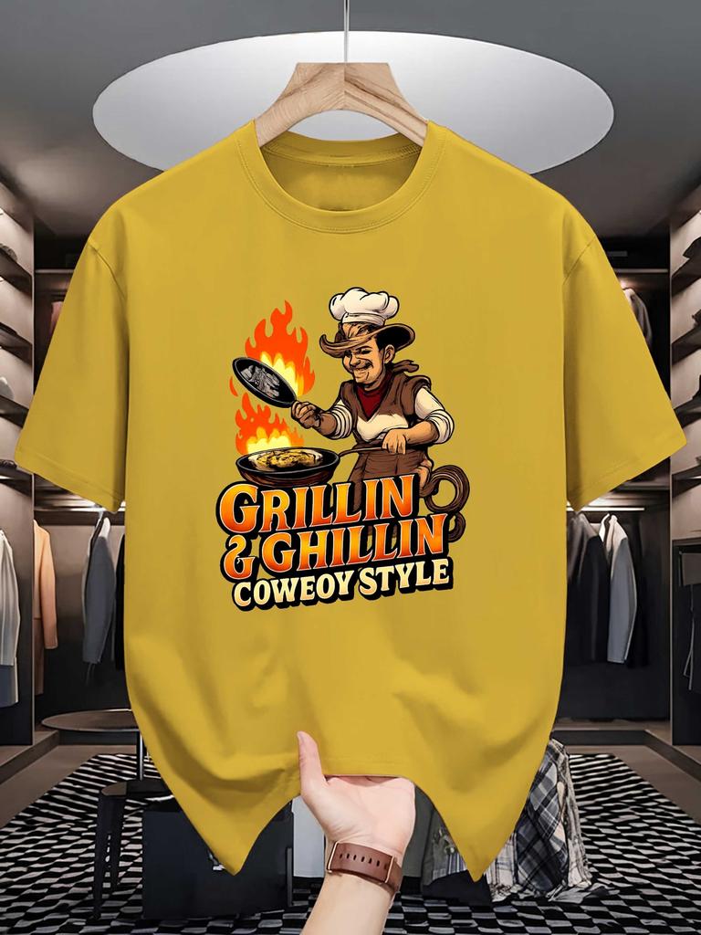 Vintage Cowboy Chef Graphic Unisexs Crew Neck T Shirt Grillin And Chillin Western BBQ Print Short Sleeve Casual Cotton Daily Tops