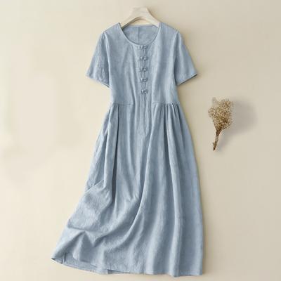 Cotton Linen Embroidered Short-sleeved Panelled Dress  Summer New Women's Vintage Literary Temperament Elegant Loose Long Dress