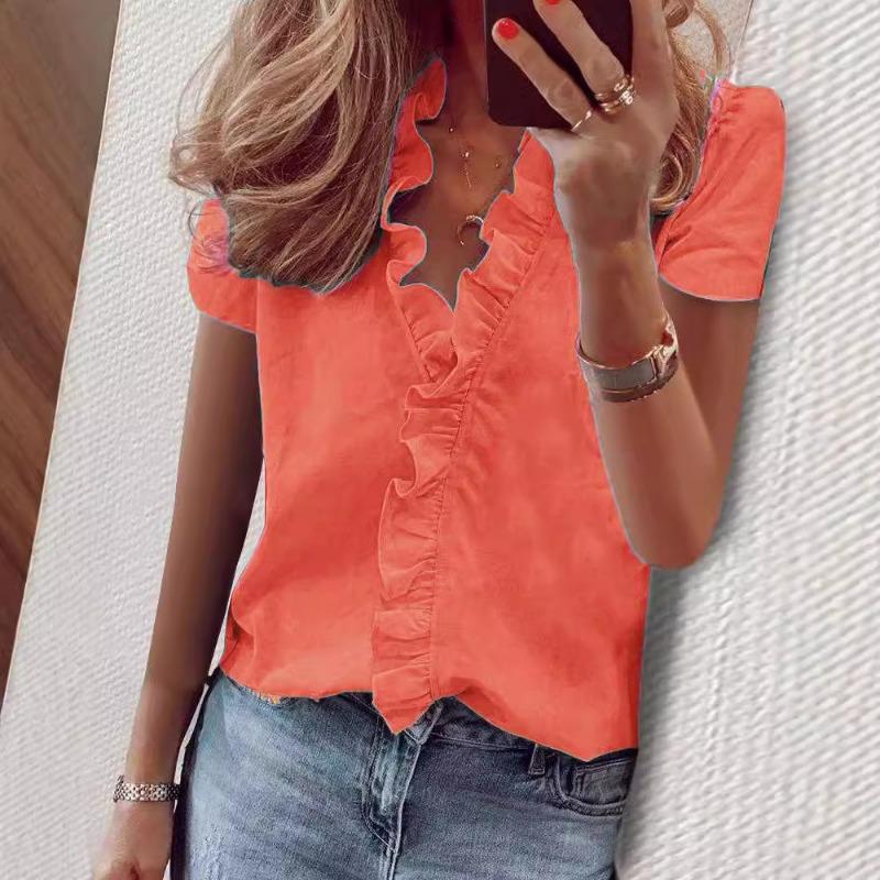 Summer and autumn short sleeved ruffled shirt for women