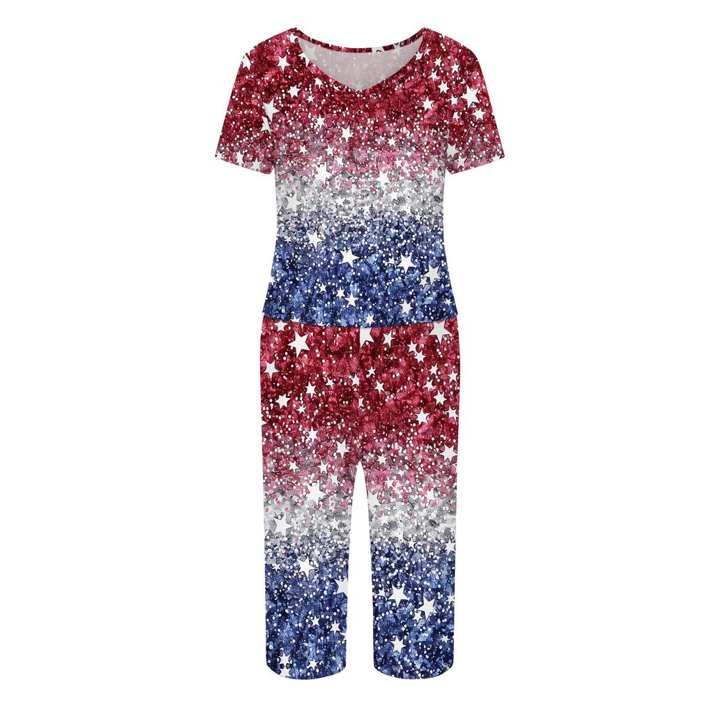2 Piece Sets For Women Short Sleeve Top And Pants With Pockets Workout Soft Print Sets