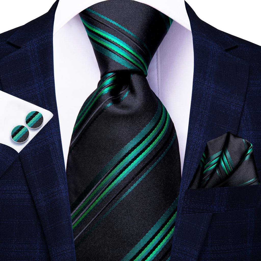 Hi-Tie Navy Blue Striped Silk Wedding Tie For Men Fashion Design Gift Men Necktie Hanky Cufflink Set Business Party Dropshiping