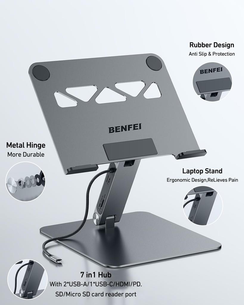 BENFEI Laptop Stand USB-C 7-in-1 Docking Station, HDMI 4K@60Hz, SD X 1, Micro SD X 1, 100W Power Delivery, 10Gbps, USB-C 3.2 X 1, USB-A 3.2 X 2, Compa