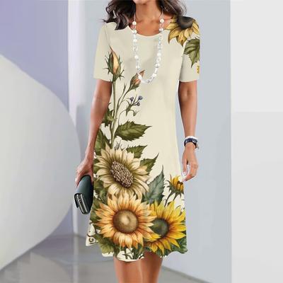 Novos Vestidos Femininos de Girassol Feminino Elegante Midi Vestidos Verão Tamanho Plus Manga Curta Vestido Moda Feminina