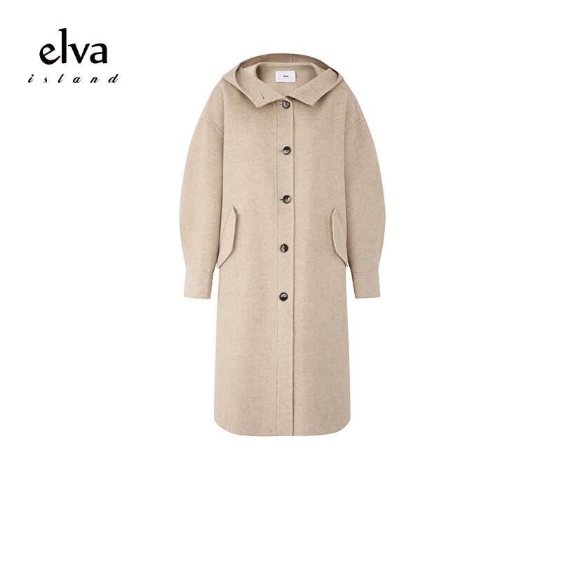Elva' Island Women's Loose Hooded Mid-length Wool Blend Coat