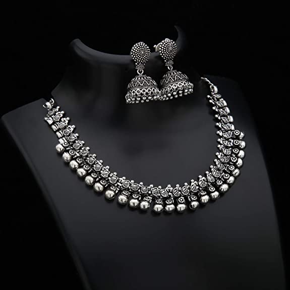 Oxidised Silver Plated Necklace Set with Earrings for Women