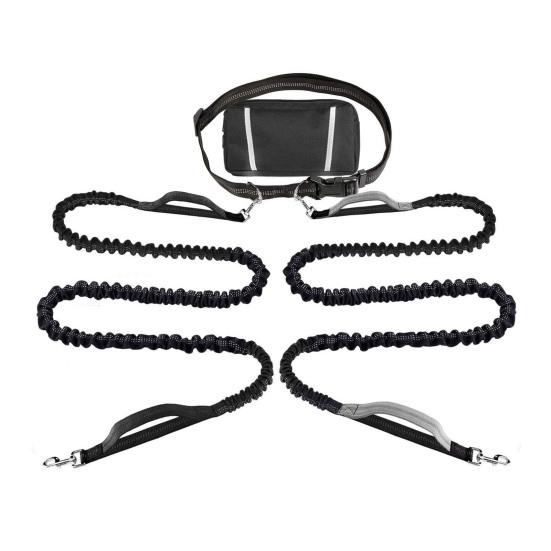 Dog Leash with Waist Bag Reflective Retractable Leash for Two Dogs Hands-Free Running Leash with Padded Handles Night Safety Walking Gear