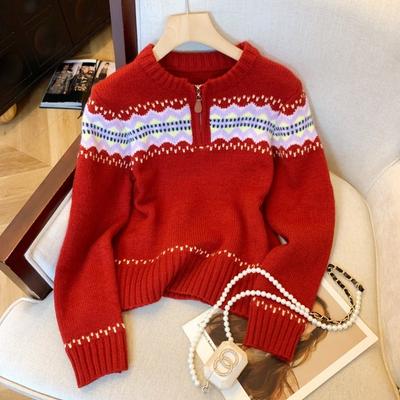Winter New Half Zipper Christmas Big Red Round Neck Loose Pullover Sweater Women's Thickened