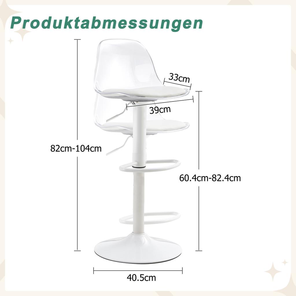2-Pack Adjustable Bar Chair: Transparent Backrest + White Metal Legs, Height-Adjustable from 82-104 cm, 360 degrees Rotation.