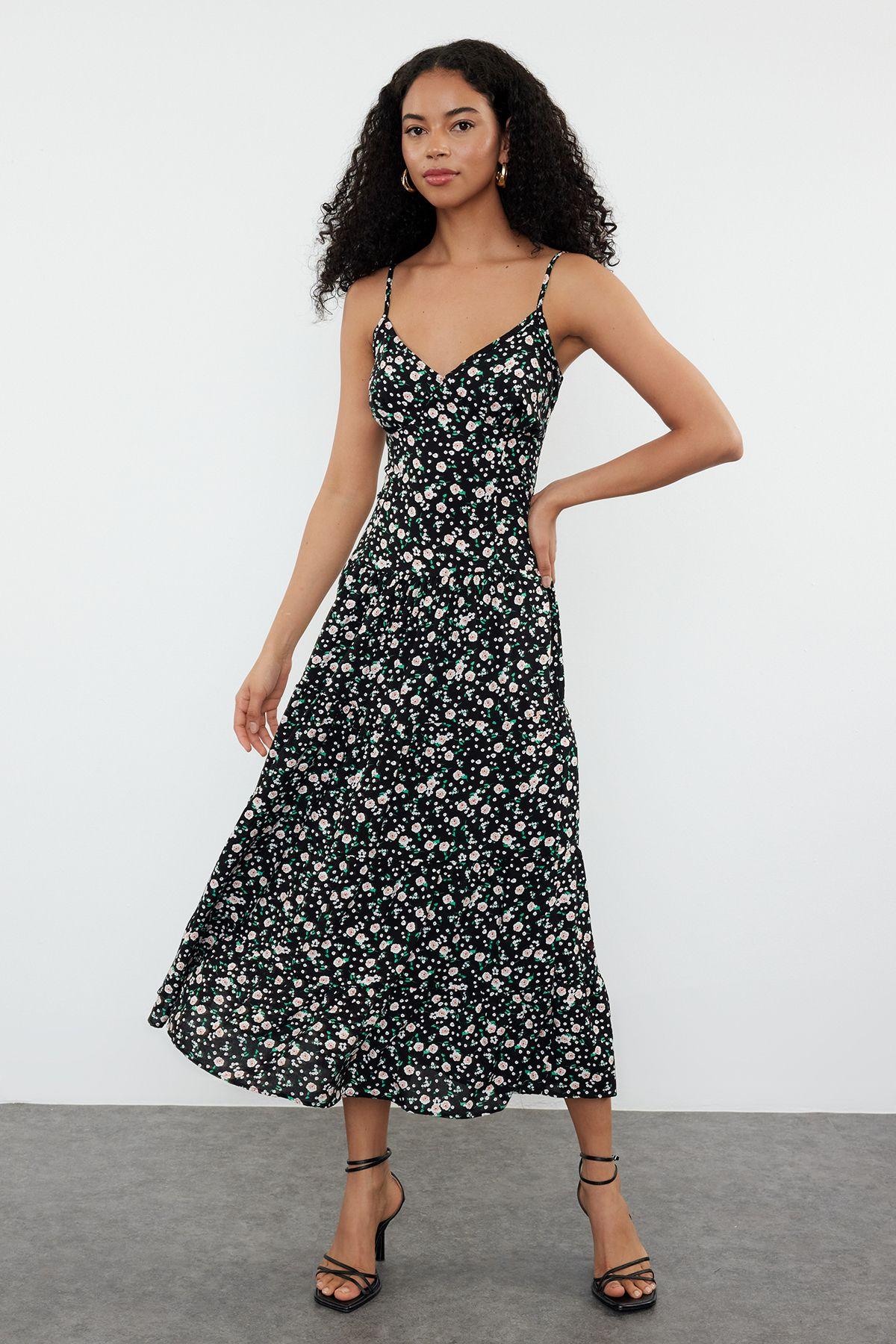 

Women s Style Dress Black Skater Skirt Patterned Viscose Maxi Woven Dress S