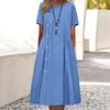 Summer O Neck Buttons A-line Loose Dress Short Sleeve Elegant Pleated Casual Dress Large Size Party Solid Color Fashion Ladies Female Simple Clothing