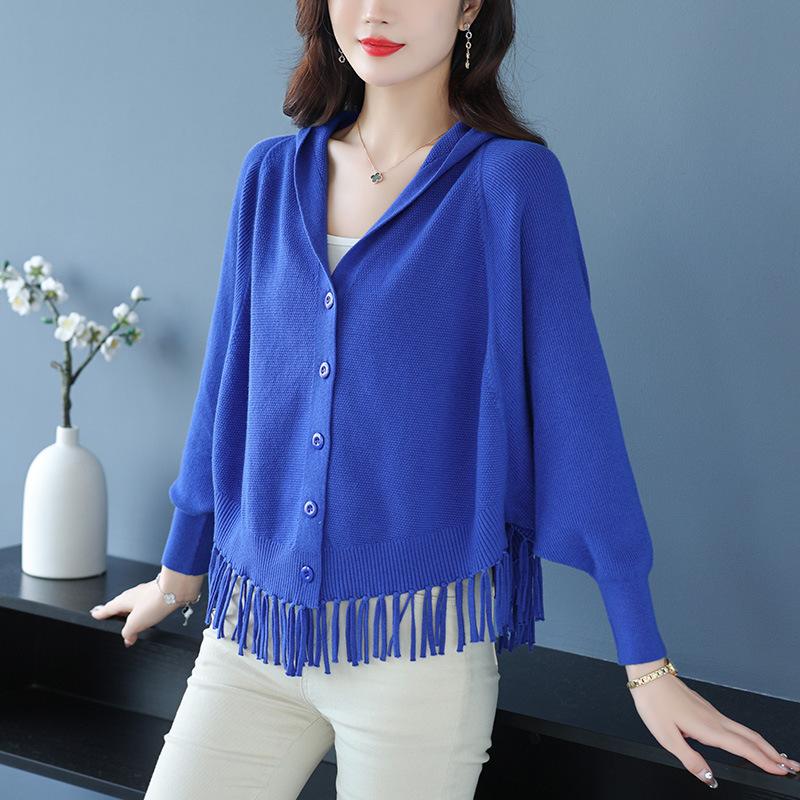 Lazy Wind Fringed Knitted Sweater Jacket Women's Autumn Solid Color Casual Large Size Bat Hooded Sweater Loose Cardigan Women