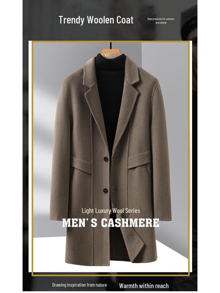 Men's Mid-Length Double-Sided Woolen Coat, Suit Collar, Korean Style, Casual Jacket for Autumn Winter.