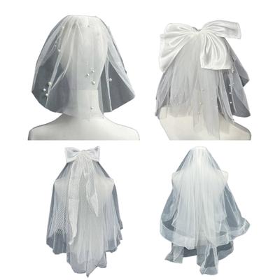 Delicate Wedding Bridal Lace Veil with Pearl/ Bowknot Girls Bride Veil Long Tulle Wedding Tiaras for Marriage Women