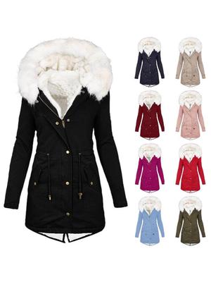 Women's Hooded Mid-Length Coat with Fur Collar and Waist Cinching - Plus Size, Thick, Cotton Padded for Autumn and Winter.
