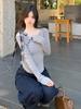 Chic Grey One-Shoulder Knit Top for Women - Sweet & Spicy Early Autumn Style, Long-Sleeve with Bowknot