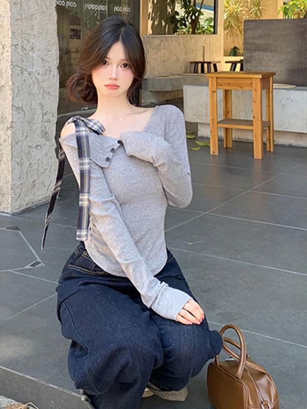 Chic Grey One-Shoulder Knit Top for Women - Sweet & Spicy Early Autumn Style, Long-Sleeve with Bowknot