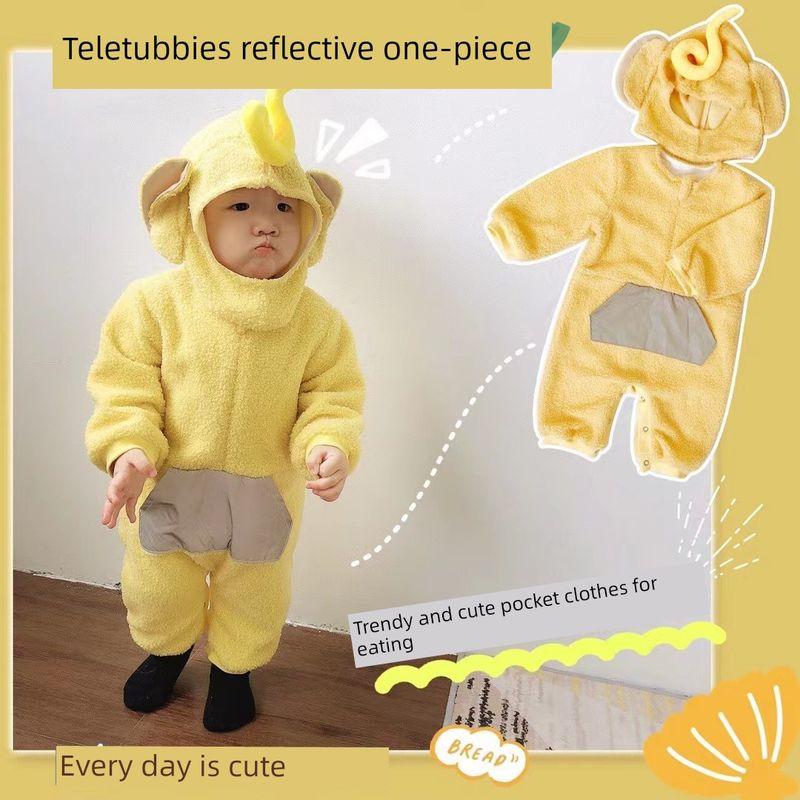 

Autumn and Winter New Boys and Girls Baby Cute Cartoon Teletubbies Granular Velvet Thickened Warm One-Piece Romper Yellow 66