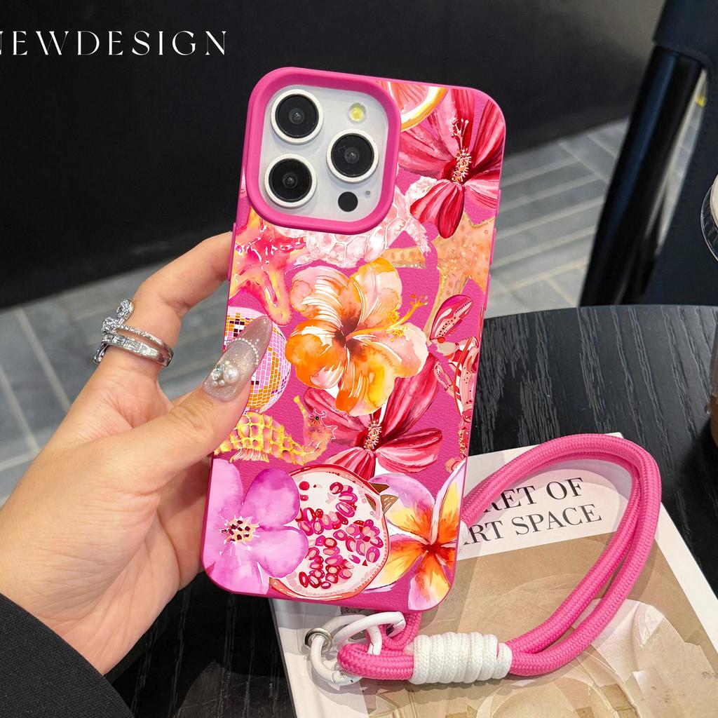 INS Colorful Flower Luxury Phone Chain Lanyard Case For iPhone 17 16 15 14 13 12 Pro Max 11 Plus Shockproof Lichee Pattern Funda
