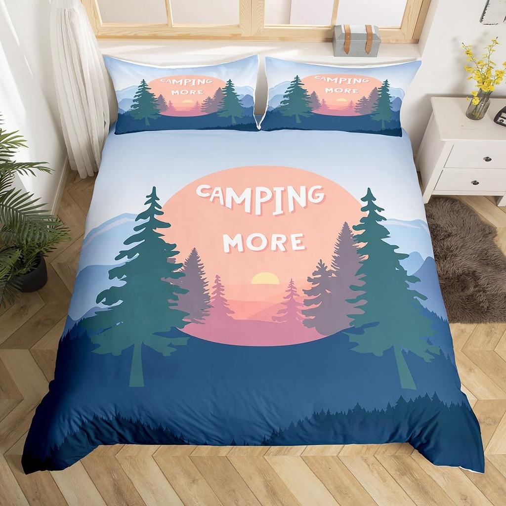Handbemalte Bergdeko Bettbezug-Set Queen King Size Happy Camping Kinderbettwäsche für Jungen Mädchen 3-teilig mit 2 Kissenbezügen
