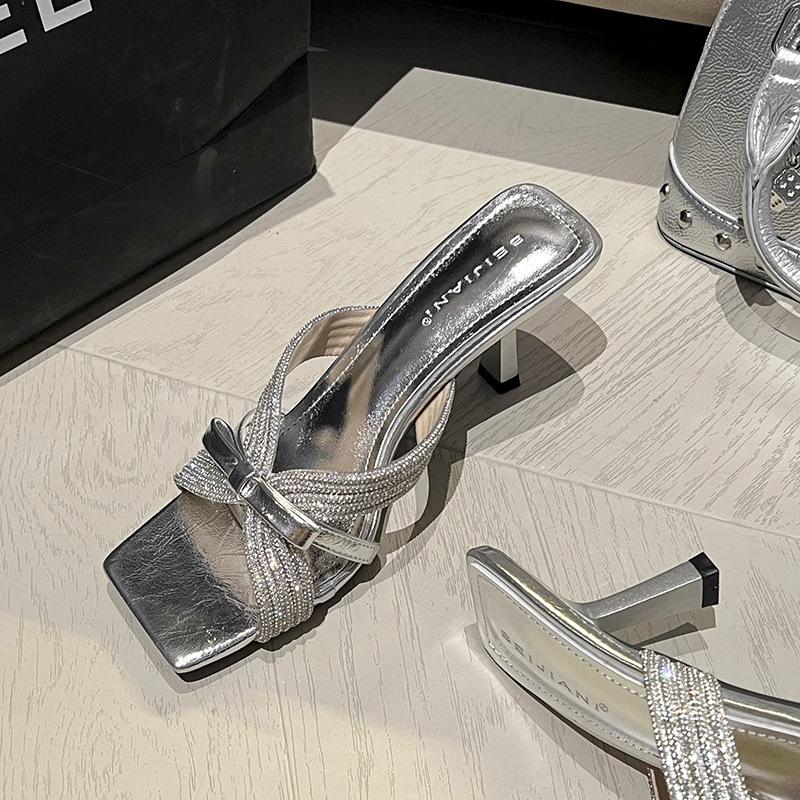 

White and thin~ Cross rhinestone bow temperament square head open-toed high-heeled slippers women s sandals 40