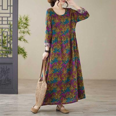 Printed Loose Thin Large Size Long-sleeved Middle-aged and Elderly Mom Long Dresses
