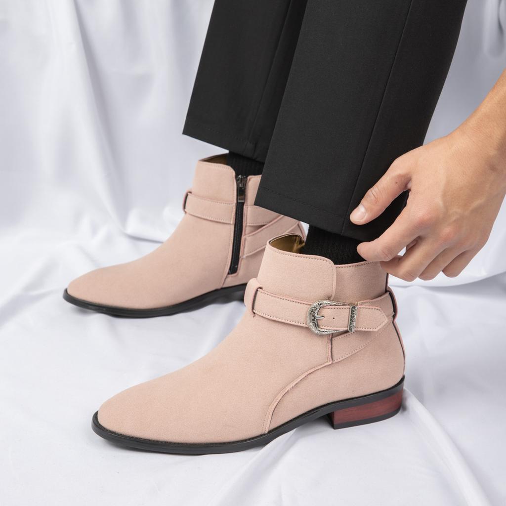 Fashion Buckle Strap Men's Chelsea Boots Pointed Toe Suede Leather Boots For Man Autumn Winter Business Casual Ankle Boots Man