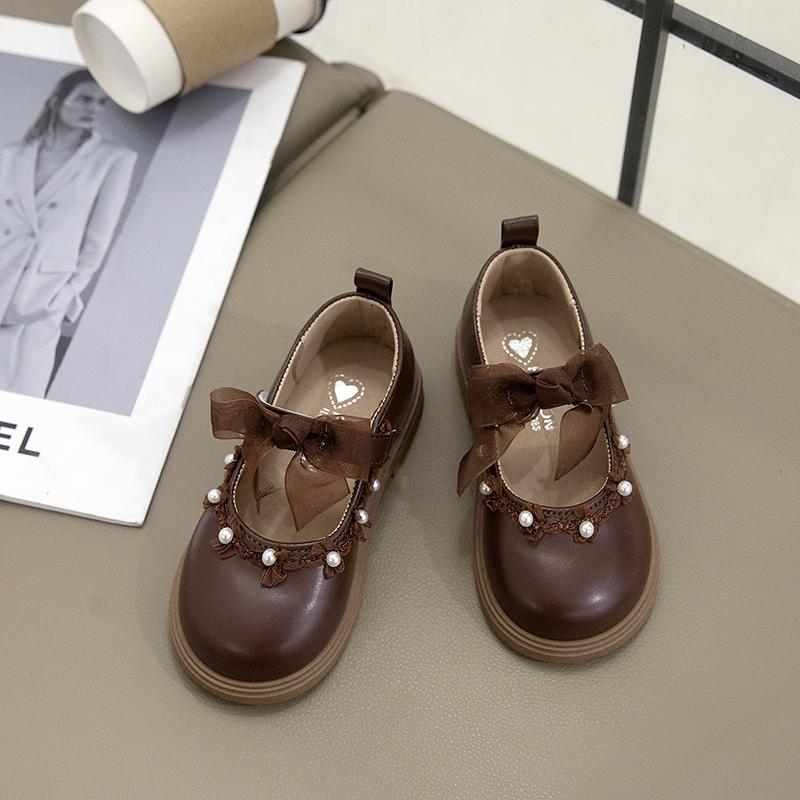 

Kids Leather Shoes Black Matte Girls Princess Shoes Lace Bows Sweet Round Toes 2025 New Children Flat Shoes Non-slip Soft Ins 20 коричневый