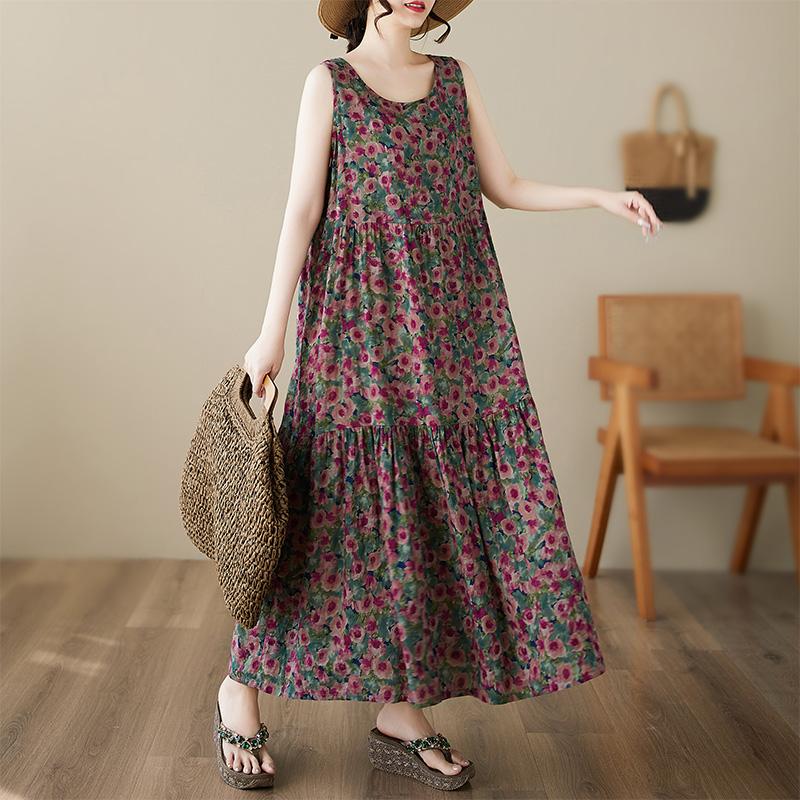 Dimanaf Abito Taglie Forti Estivo Donna Vintage Lino Stile Elegante Senza Maniche Floreale Ampio Nuovo Abito Lungo 8028