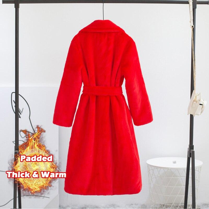 Damski zimowy ciepły płaszcz ze sztucznego futra gruby damski długi płaszcz skręcić w dół kołnierz damski ciepły płaszcz z paskiem Casaco Feminino