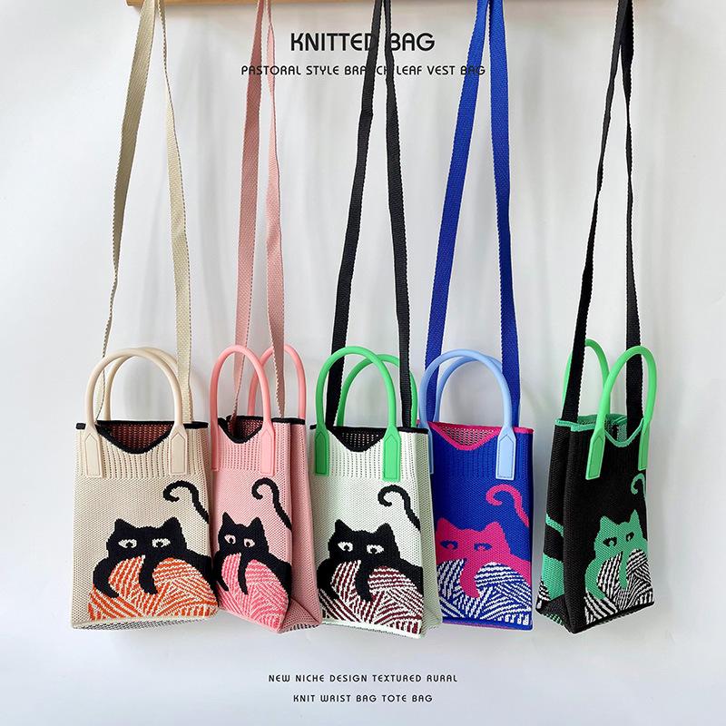 Mini Cat Knitted Single Shoulder Crossbody Phone Bag - Cute, Portable Coin Purse for Women