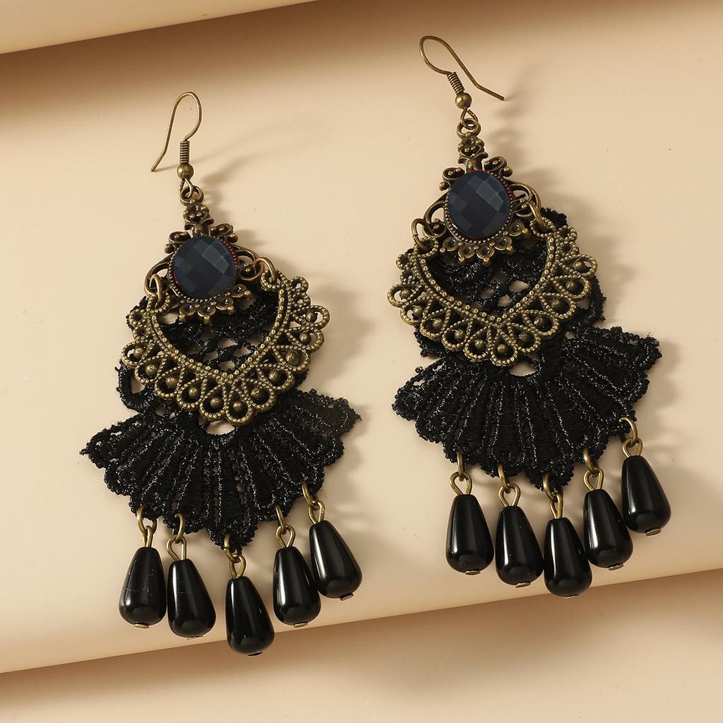 Schwarze Spitze-Pfau-Ohrringe für Frauen, rote Kristallquaste, Tropfenohrring, ethnischer Boho-Schmuck, Festival-Party-Accessoires, weibliches Geschenk