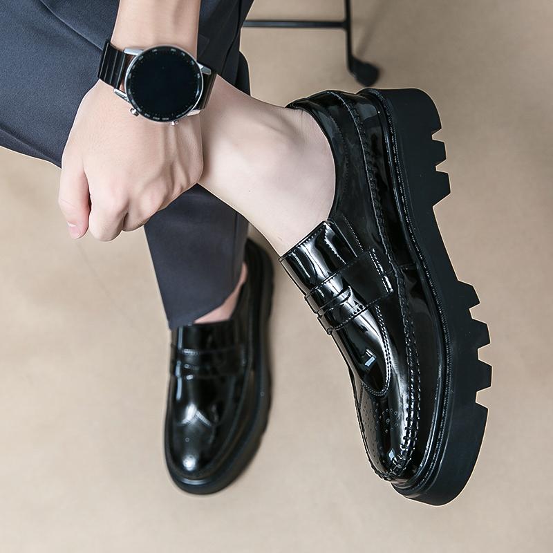 Fashion New Black Patent Leather Loafers Platform Men Shoes Round Toe Solid Slip-On Size 38-44 Mens Shoes