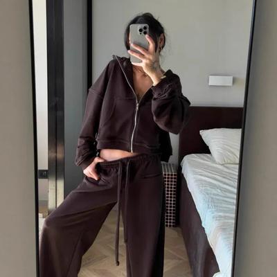 Casual Suit Women's Street Style Long-sleeved Hooded Cardigan Elastic Trousers Two-piece Set