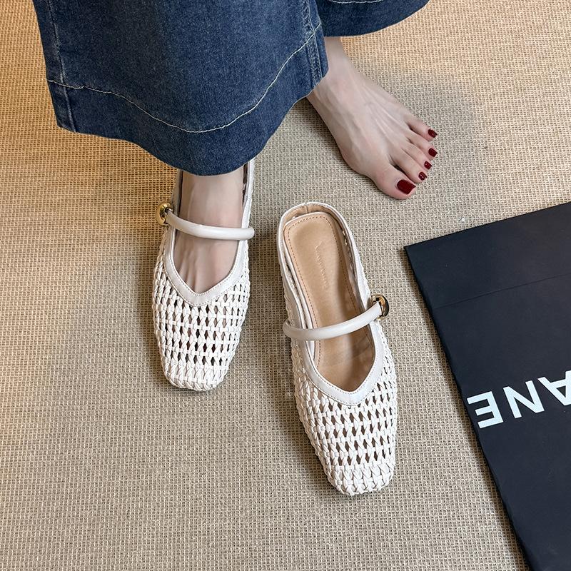Square head woven hollow outer wear slippers inner height increase belt metal buckle bag head thick heel fashion sandals women's summer