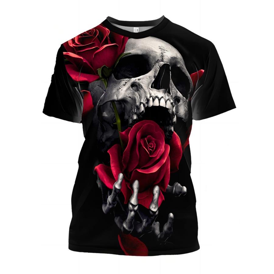 Short Sleeve Plus Size Summer Tee Men Outfit Red Rose Skull Head 3d Print T Shirts Mens Casual Sportwear T Shirt Male