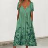 Women Summer Dress Leaf Print Mid-calf Length V-neck Pockets Pleated Daily Wear Short Sleeves Loose Hem Lady Beach Dress Women Clothing