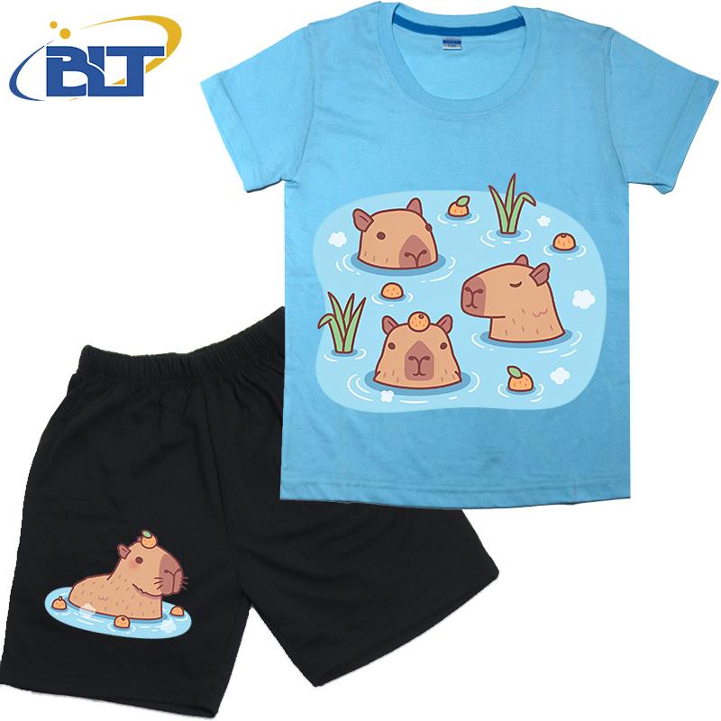 Cute Capybaras Chilling In Hot Spring With Oranges Print Kids T-shirt Set Summer Cotton Short-sleeved Shorts 2-piece Set