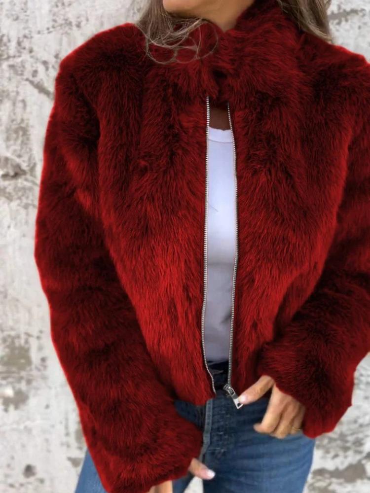 Autumn and Winter Women's Faux Fur High Neck Zipper Casual Top Jacket