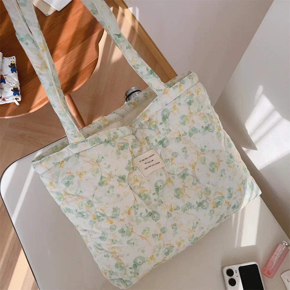 Cotton Floral Tote Bag for Women  Handbag Trendy Chic Puffy Top Handle Bag Quilted Padded Shoulder Bag Designer Shopper Bags