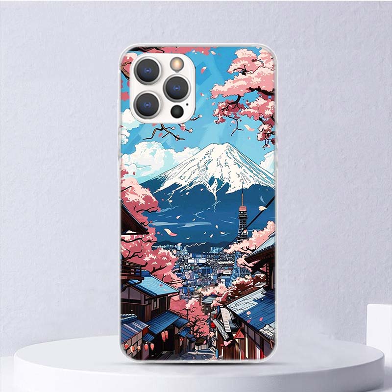 Japanese Cherry Mount Fuji Soft Case For iPhone 16 17 Air 16E 15 Plus 11 12 13 Mini 14 Pro Max Phone Cover Apple 7 8 SE Coque Fu