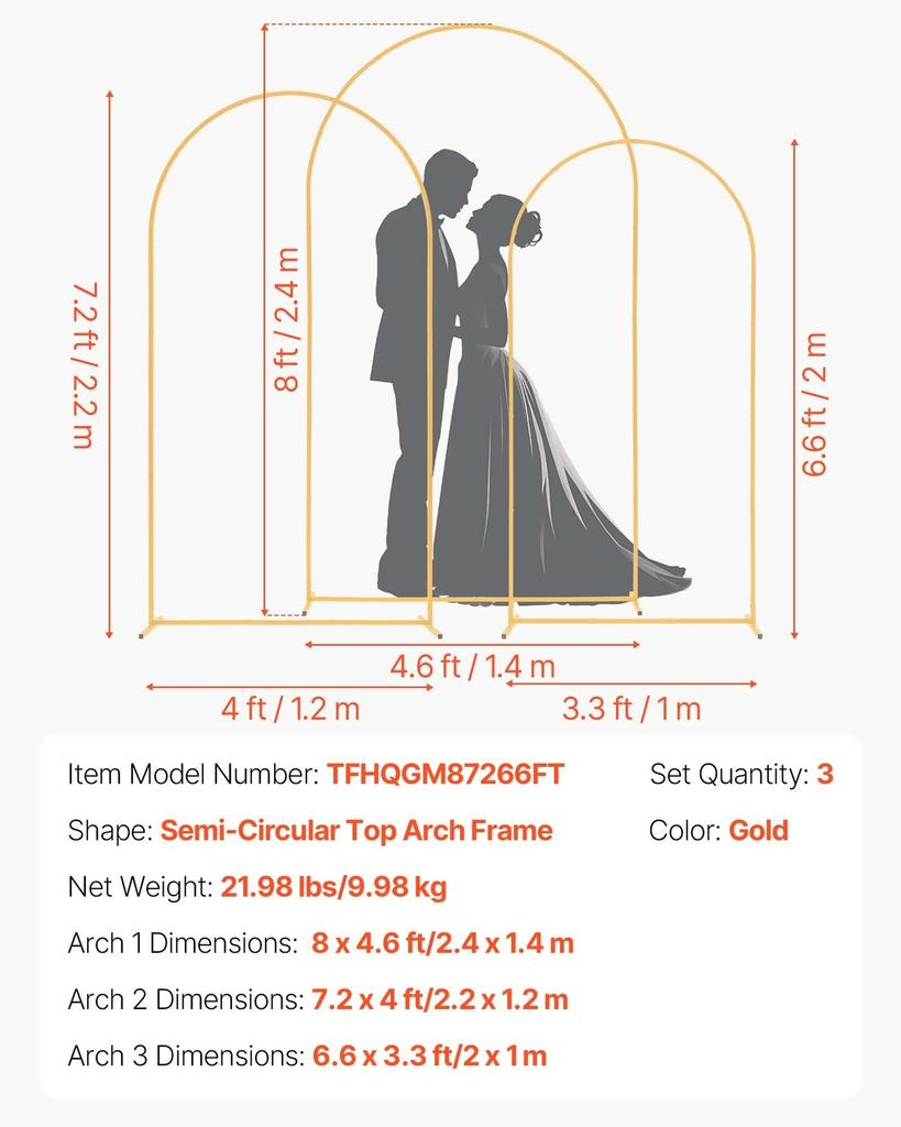 Arch Backdrop Stand, Set of 3, 2.4/2.2/2 m, Stable Structure, Easy Assembly, Gold Metal Arch Backdrop Stand for Wedding, Birthday Party, Graduation,