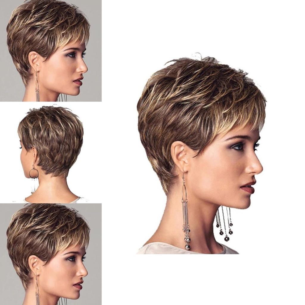 Stylish Ladies Curly Brown And Golden Short Wavy Wig With Natural Bangs For Fashion
