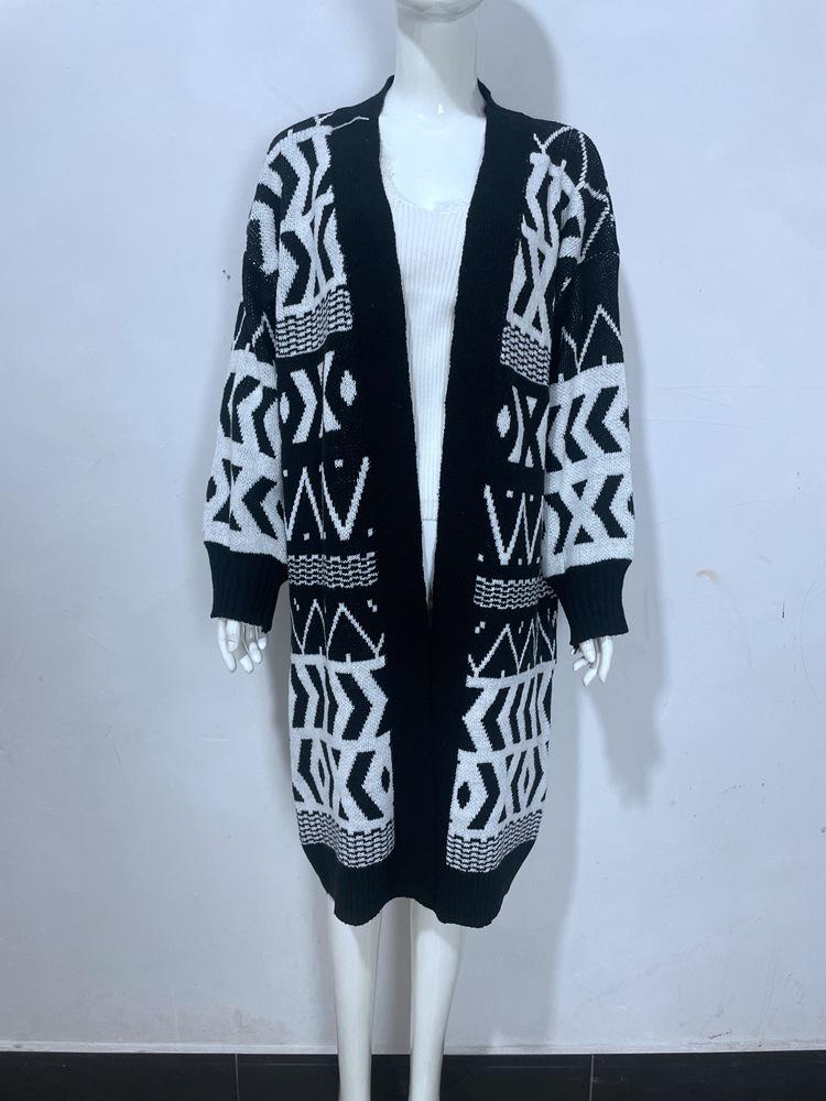 Damen Jacquard Strick V-Ausschnitt Locker Geometrischer Pullover Strickjacke - Herbst/Winter