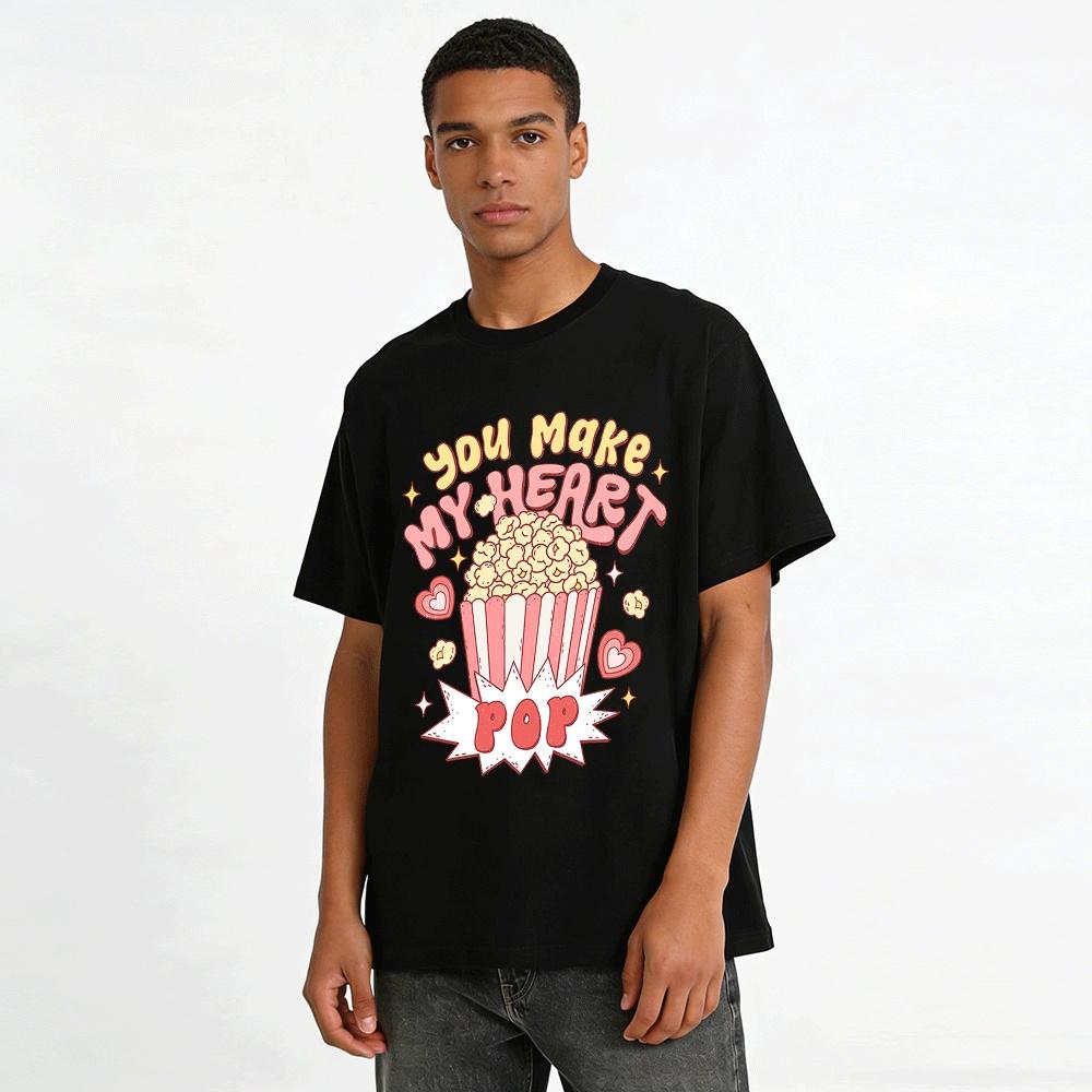 You Make My Heart Pop Popcorn Graphic Casual Tee Pure Cotton T-shirt