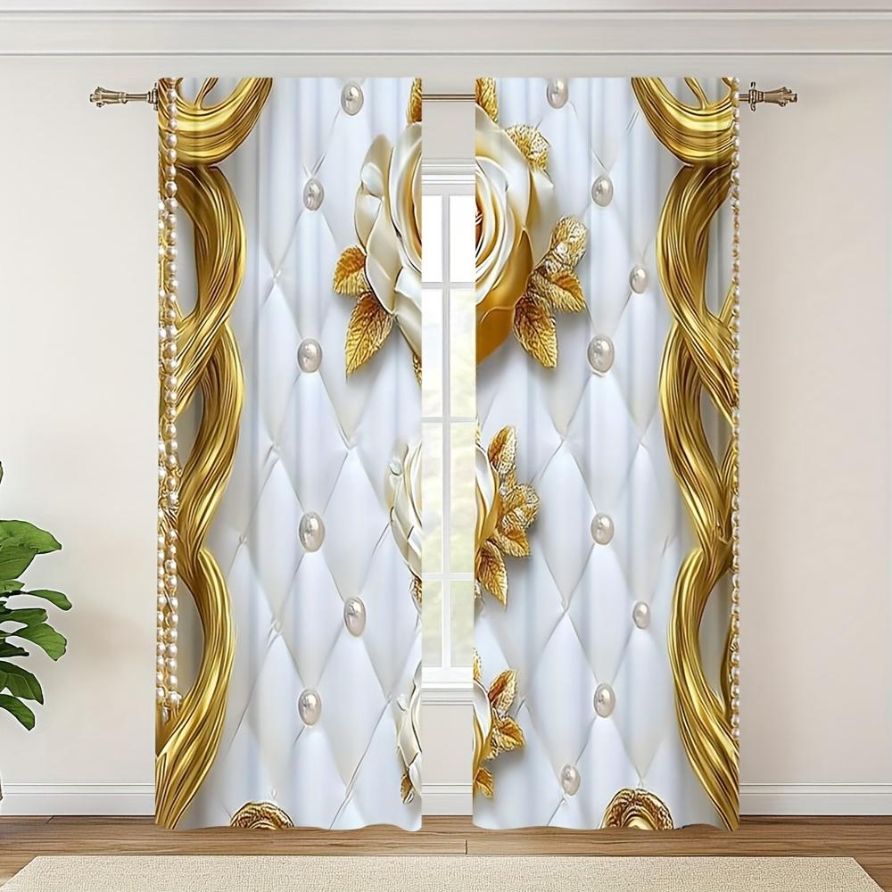 European Style Gold White Curtains All Season Decor Bedroom Living Room Curtain Set Of 2 Elegant Made Polyester Washable Area Ready