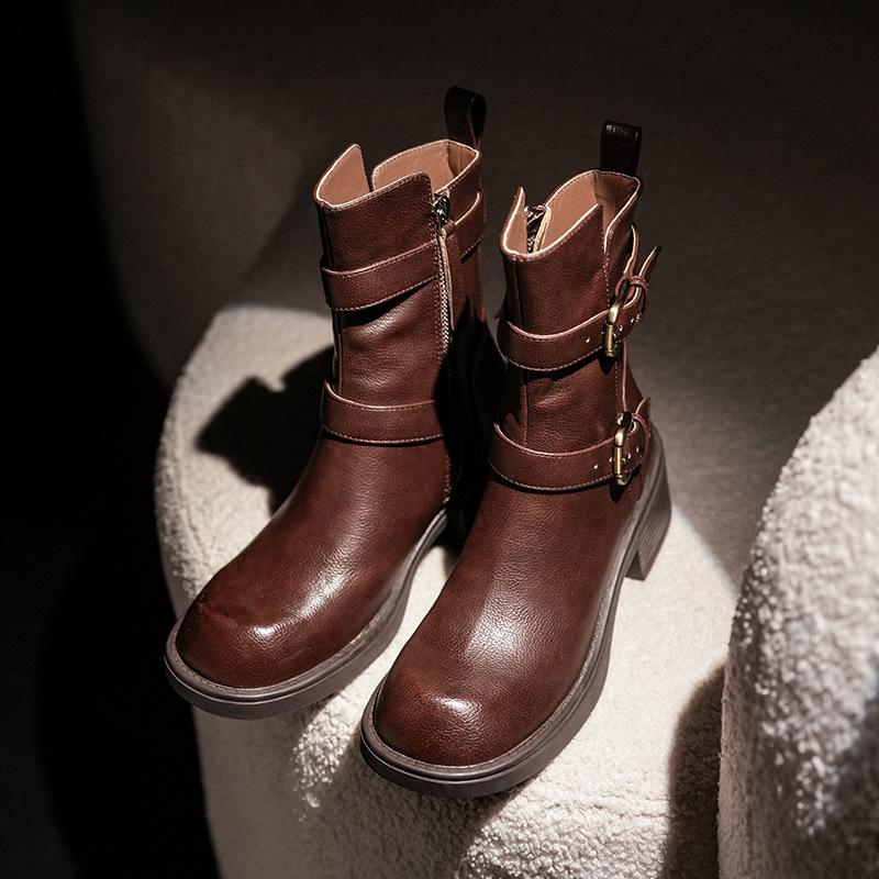 

Винтажные короткие сапоги с двумя пряжками на ремне и грубом каблуке, женские узкие британские ботинки Martin, осенние сапоги в стиле рыцаря 39 тёмно-рыжий