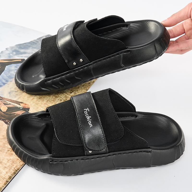 Fashion Summer Trend New Men's Green Black Suede Leather Platform Casual Shoes Breathable Beach Sandals Outdoor Slippers
