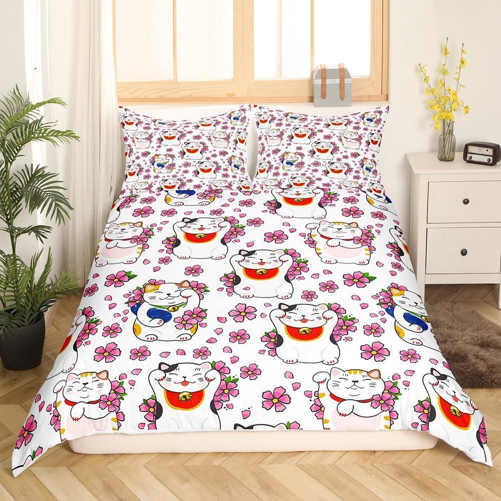 Maneki Duvet Cover Set,Japanese Lucky Cat Duvet Cover Neko Gold Coin Japanese Style Cute Bedding Set Cat Comforter Cover 2/3pcs