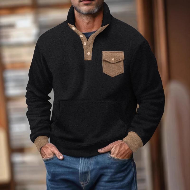 Spring and Autumn New Men s Stand Collar Button Long Sleeve Pocket Lapel Versatile Top S чёрный