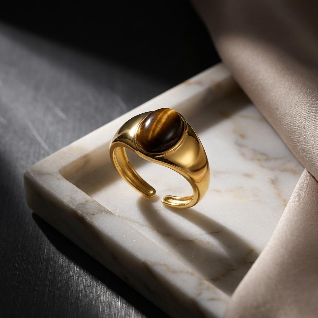 Maillard Style Tiger's Eye Signet Stone Ring for Women Adjustable Gold Plated PVD Coating Stainless Steel Party Jewelry Gift